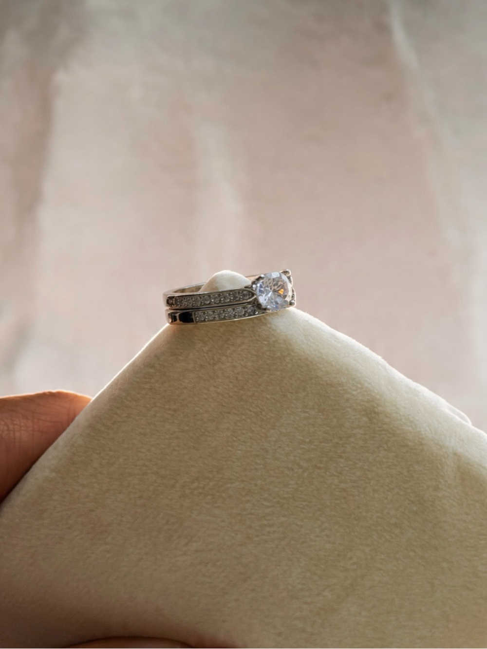 Clear Cubic Zirconia Solitaire and Pave Silver-Tone Ring Set - Clear